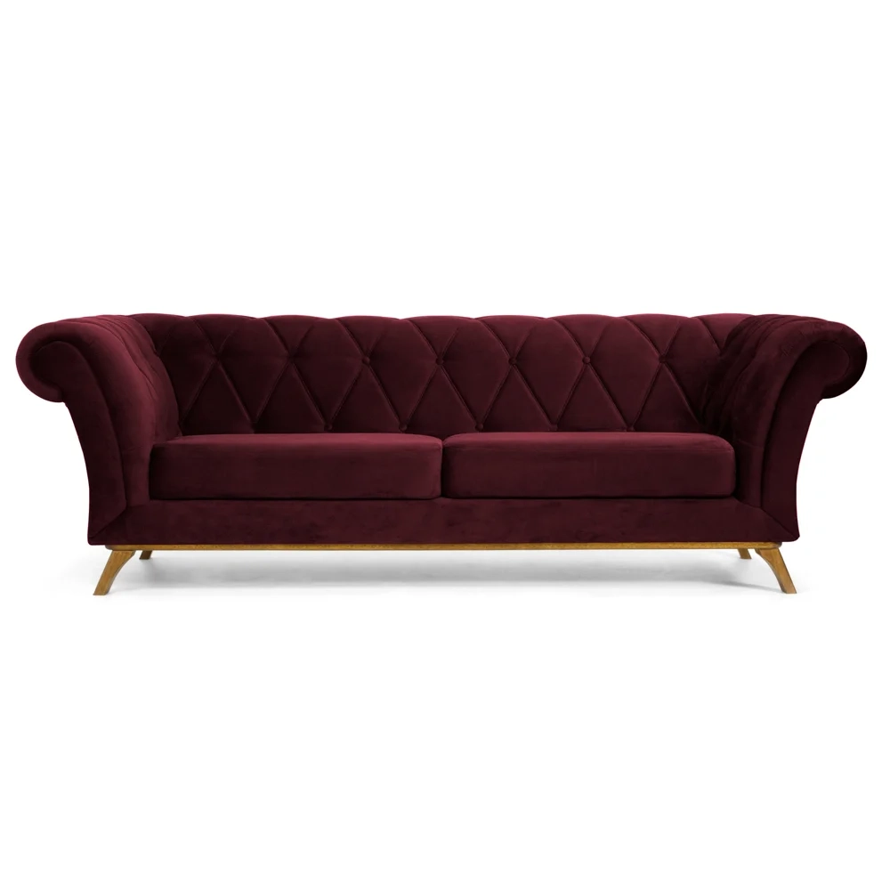 Sofá 180cm 3 Lugares Base Madeira Império C-278 Veludo Marsala - Domi