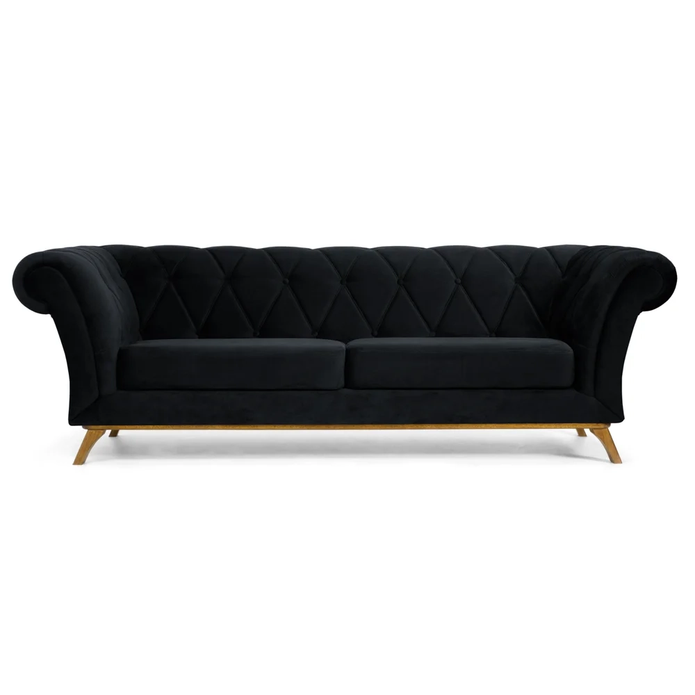 Sofá 180cm 3 Lugares Base Madeira Império C-300 Veludo Preto - Domi