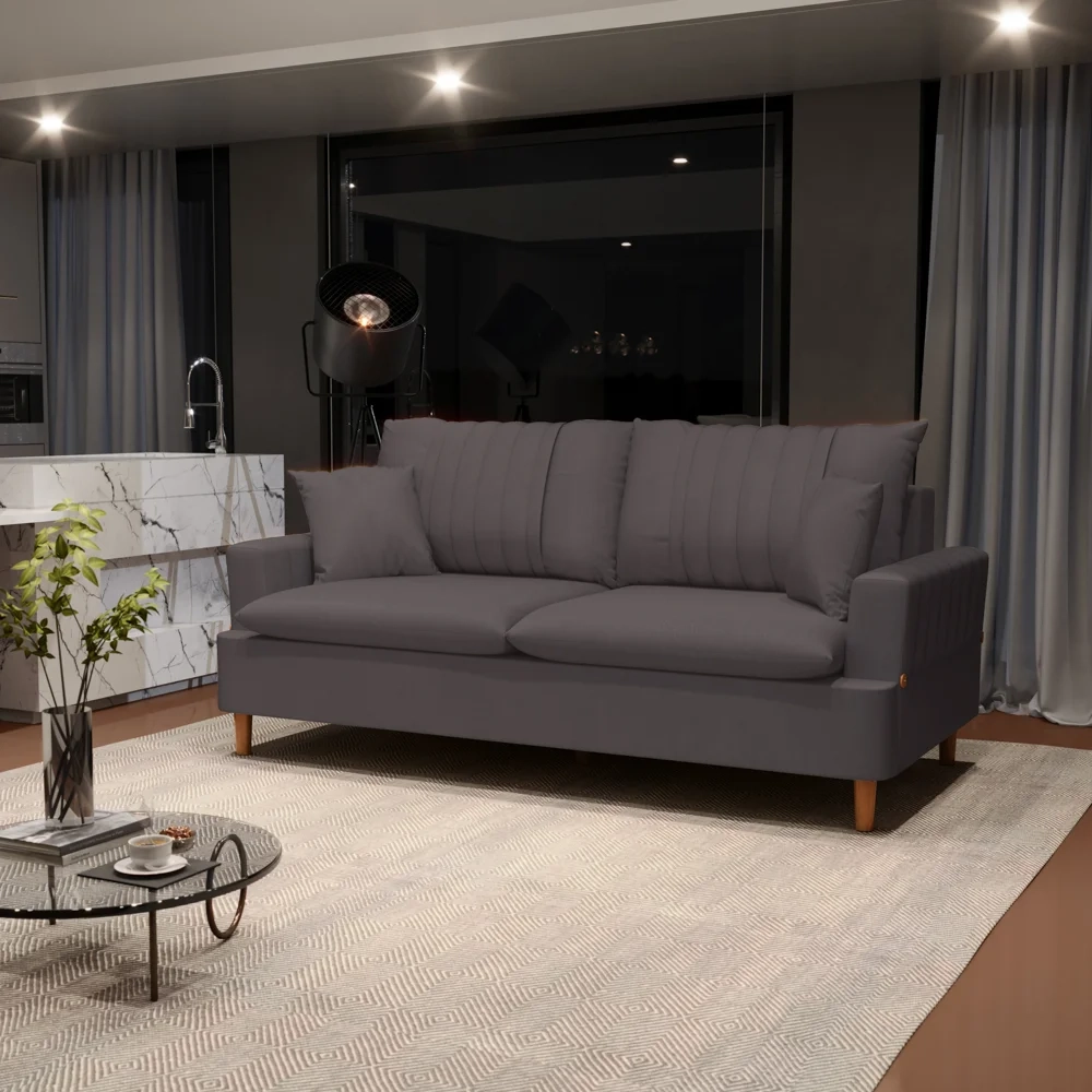 Sofá Living 3 Lugares 180cm com Almofadas Veras D05 Suede Cinza - Mpozenato