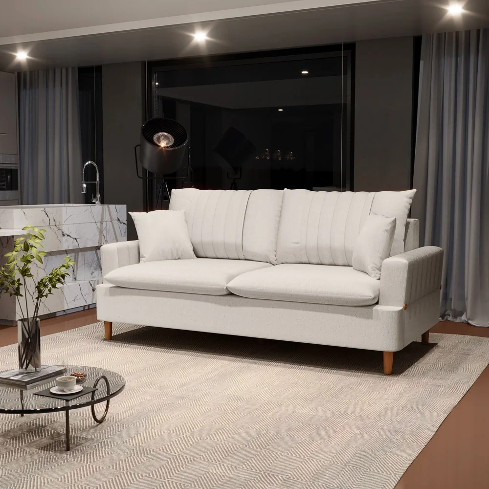 Sofá Living 3 Lugares 180cm com Almofadas Veras D05 Linho Cru - Mpozenato