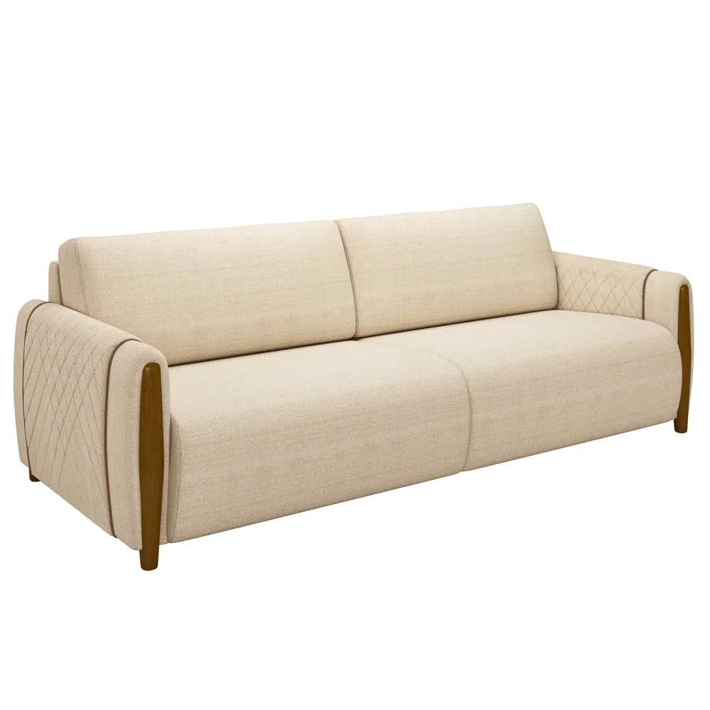 Sofá 3 Lugares 223cm Pés Madeira Amaranto Z32 Linho Champanhe - Mpozenato