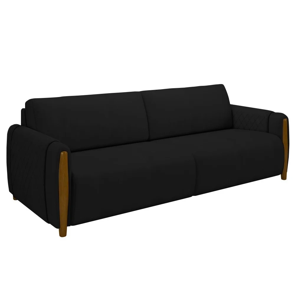 Sofá 3 Lugares 223cm Pés Madeira Amaranto Z32 Veludo Preto - Mpozenato