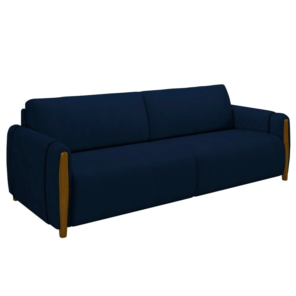 Sofá 3 Lugares 223cm Pés Madeira Amaranto Z32 Veludo Azul Marinho - Mpozenato