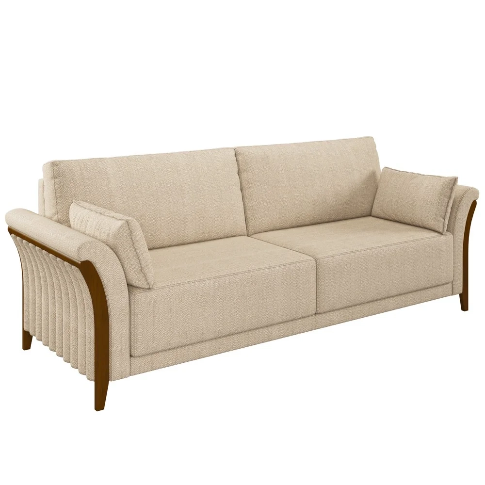 Sofá Living 3 Lugares 222cm Pés Madeira Roya Z32 Linho Champanhe - Mpozenato