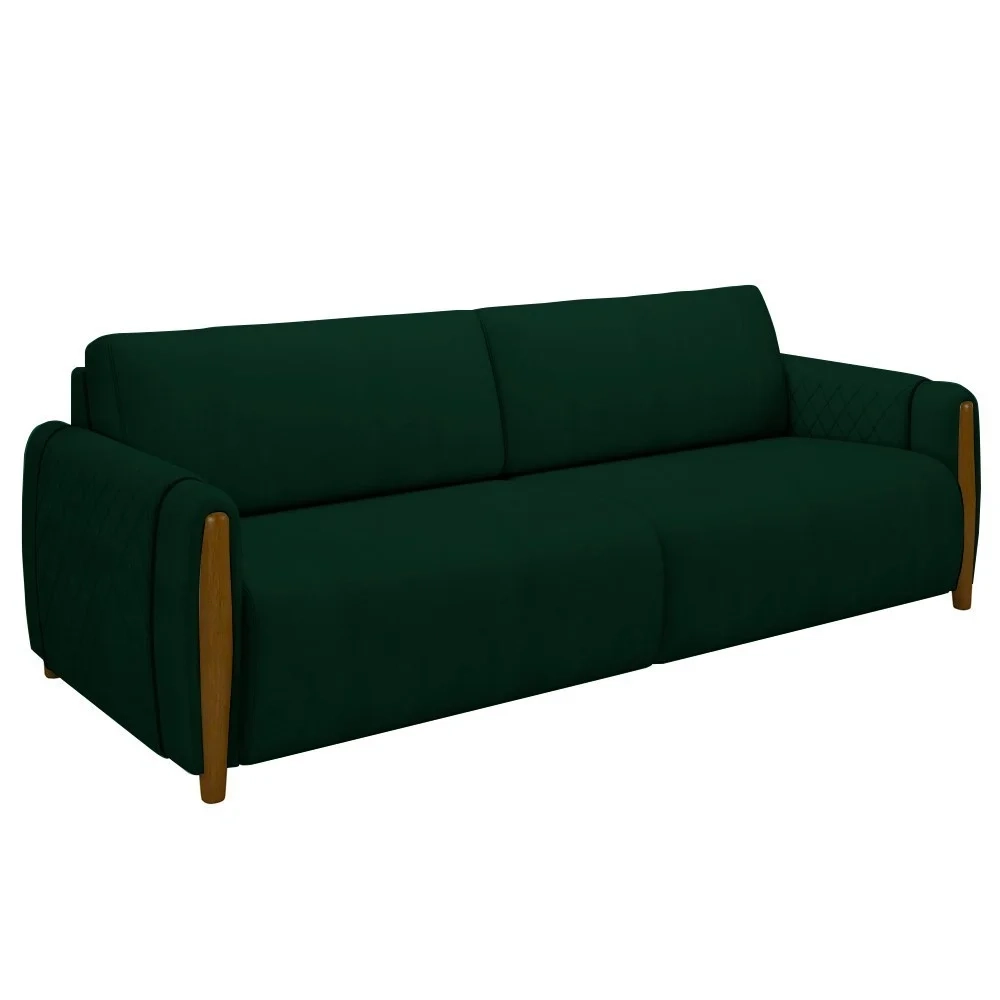 Sofá 3 Lugares 223cm Pés Madeira Amaranto Z32 Veludo Verde - Mpozenato