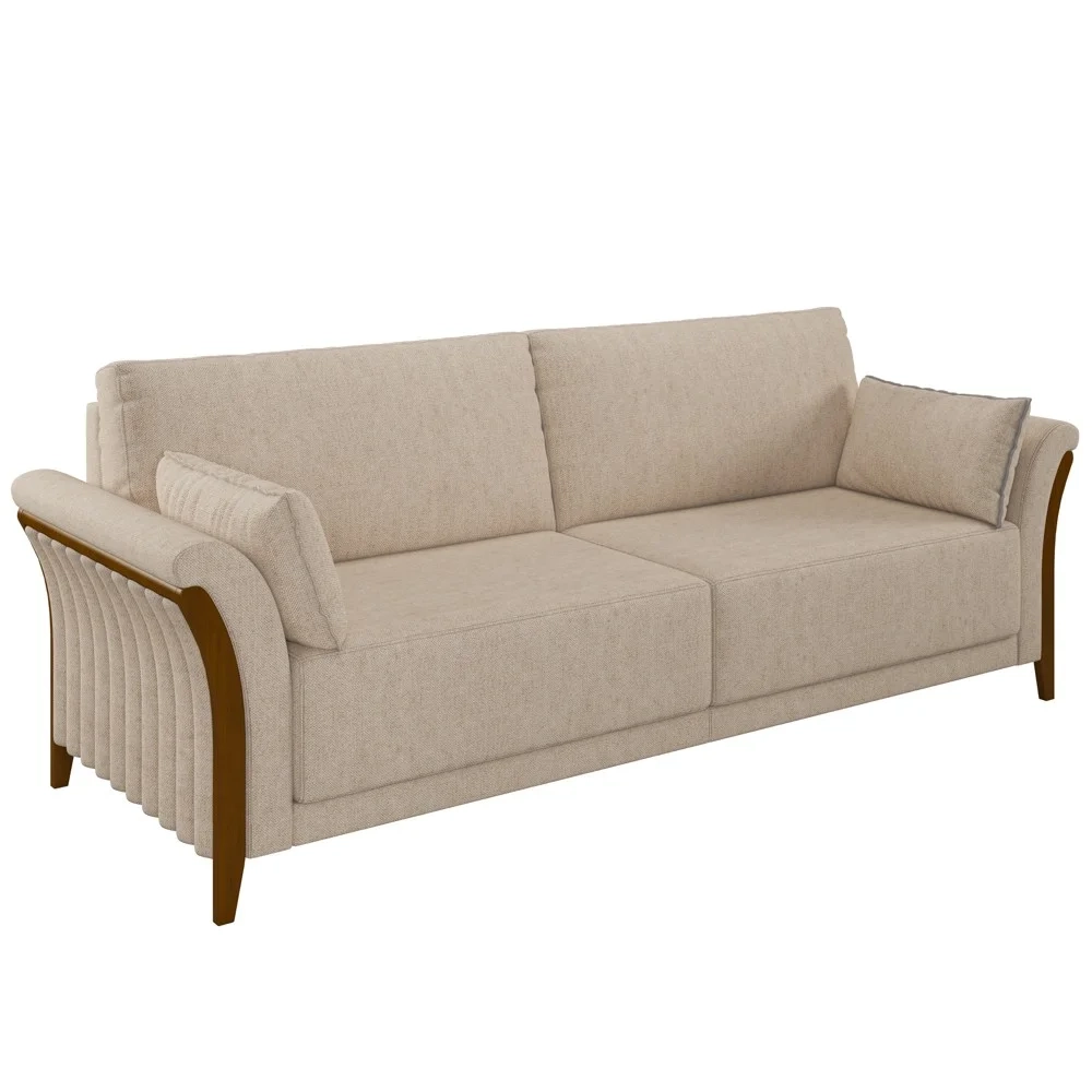 Sofá Living 3 Lugares 222cm Pés Madeira Roya Z32 Linho Cru - Mpozenato