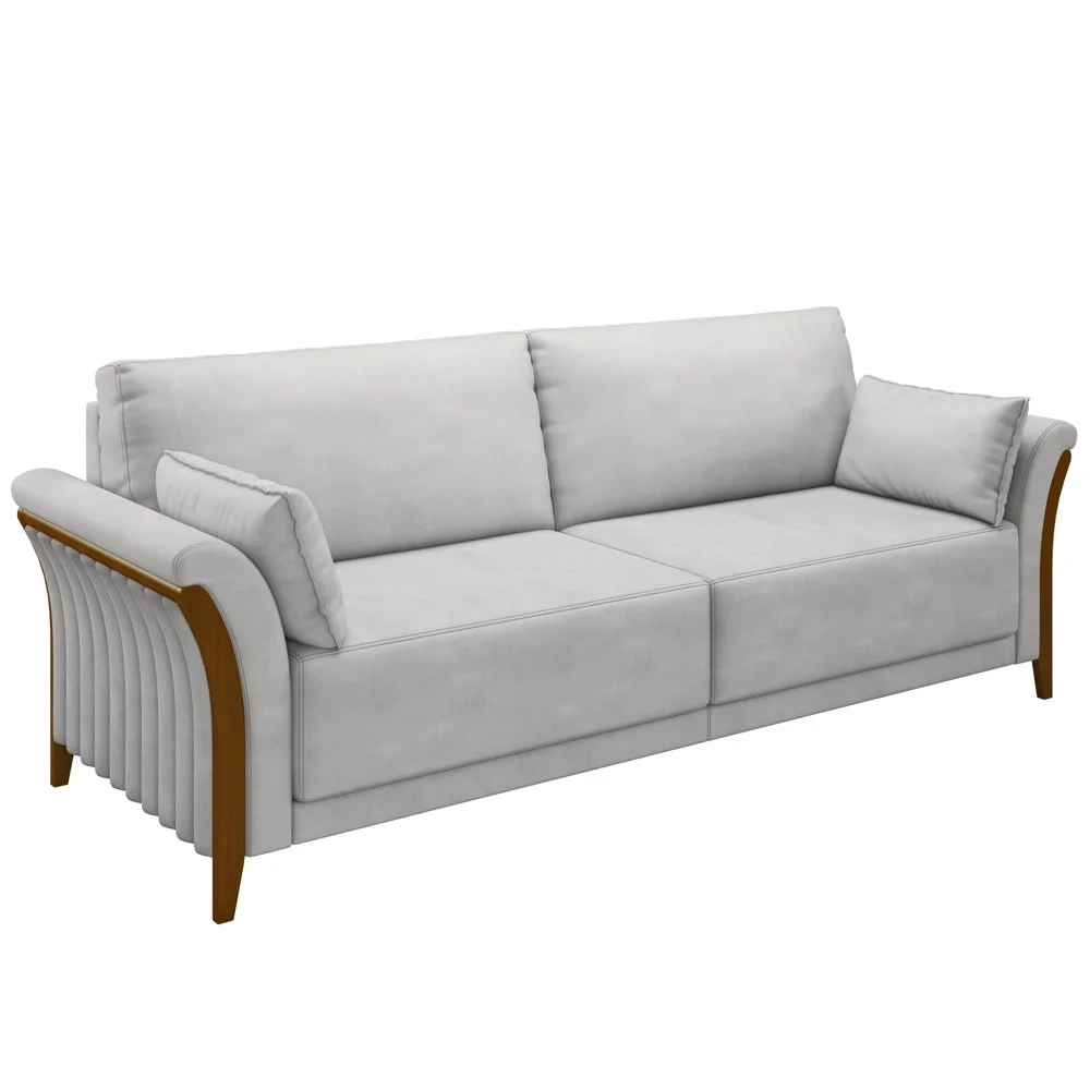 Sofá Living 3 Lugares 222cm Pés Madeira Roya Z32 Veludo Cinza - Mpozenato