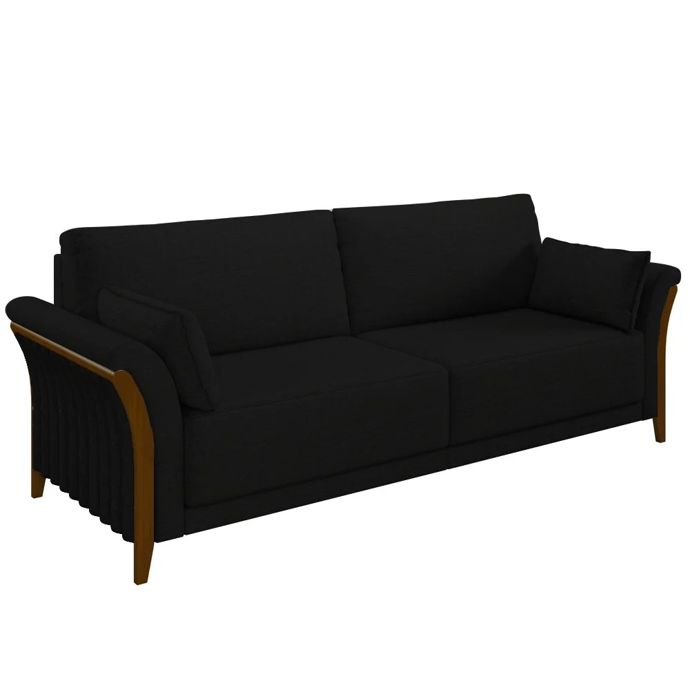 Sofá Living 3 Lugares 222cm Pés Madeira Roya Z32 Veludo Preto - Mpozenato