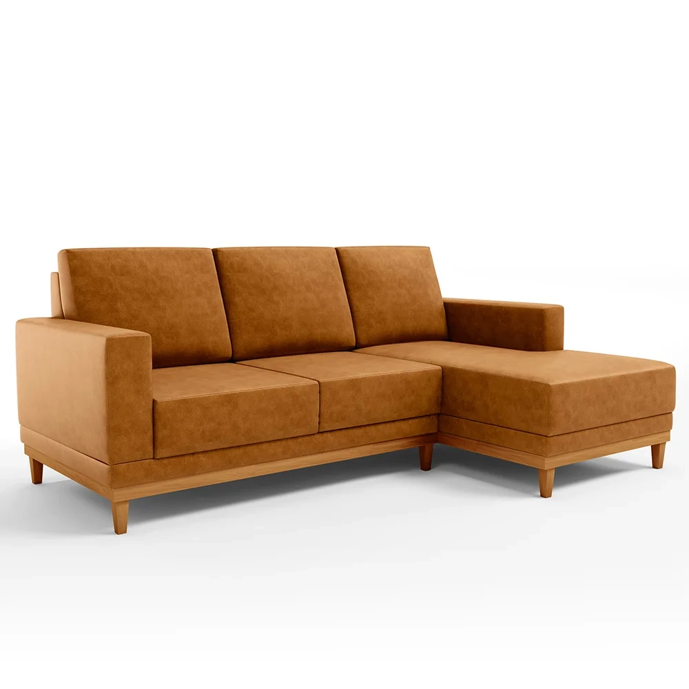 Sofá 3 Lugares 200cm Living Com Chaise Direito Kayrós D05 Sintético Whisky - Mpozenato