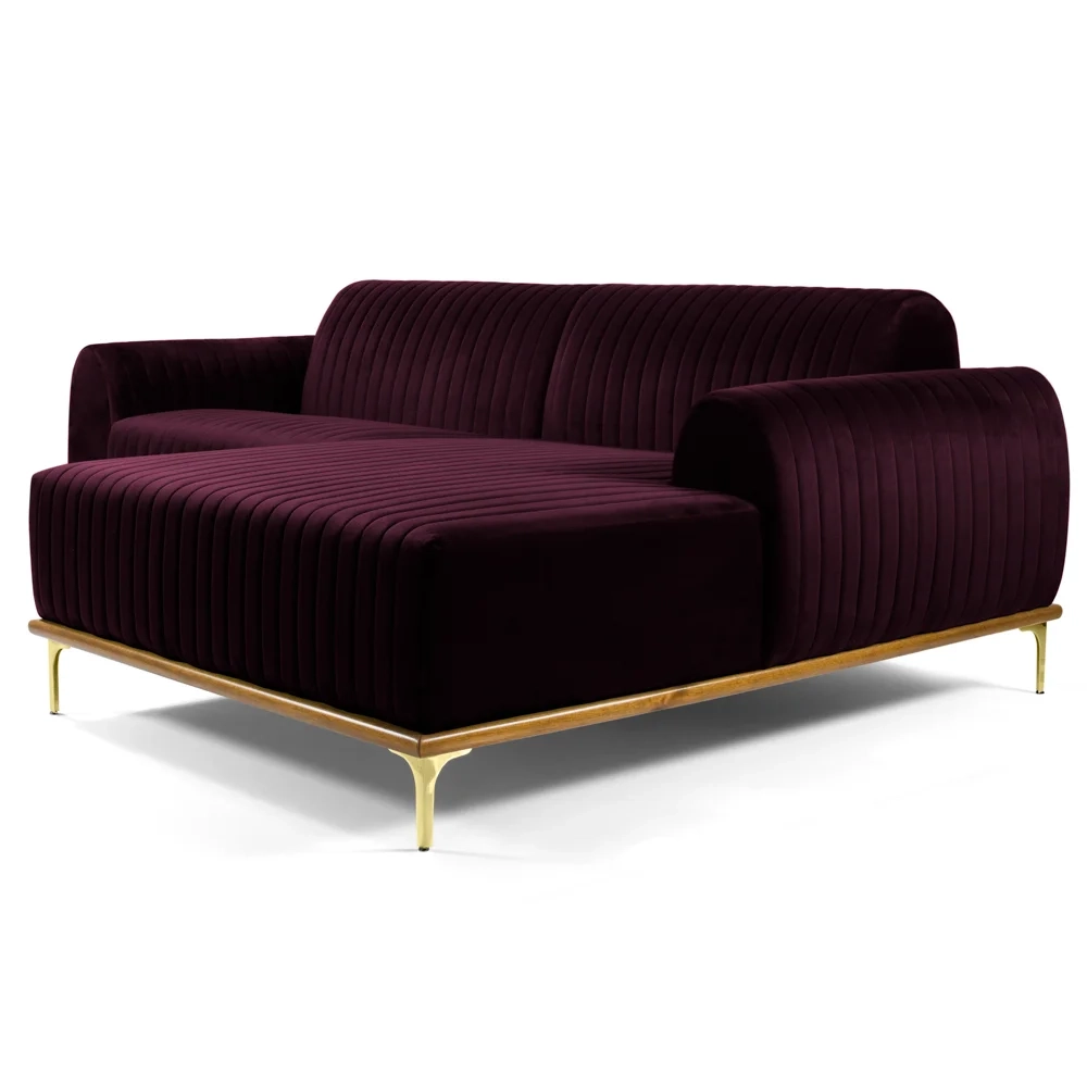Sofá 245cm 4 Lugares com Chaise Direito Pés Gold Molino C-292 Veludo Uva - Domi