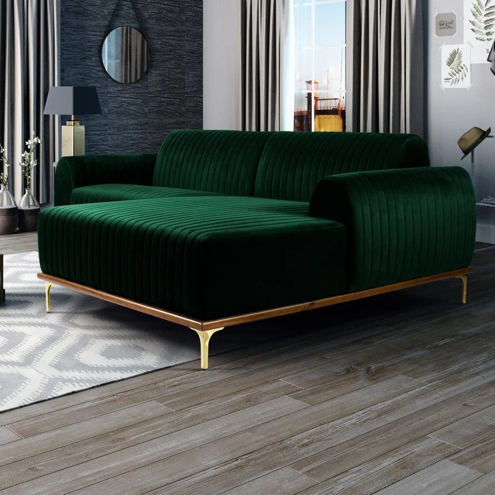 Sofá 245cm 4 Lugares com Chaise Direito Pés Gold Molino C-303 Veludo Verde Musgo - Domi