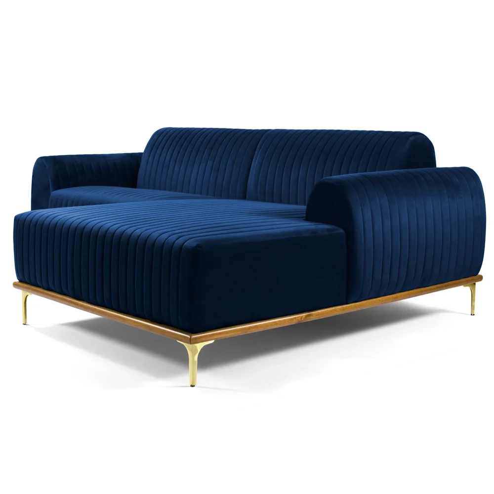 Sofá 245cm 4 Lugares com Chaise Direito Pés Gold Molino C-304 Veludo Azul Marinho - Domi