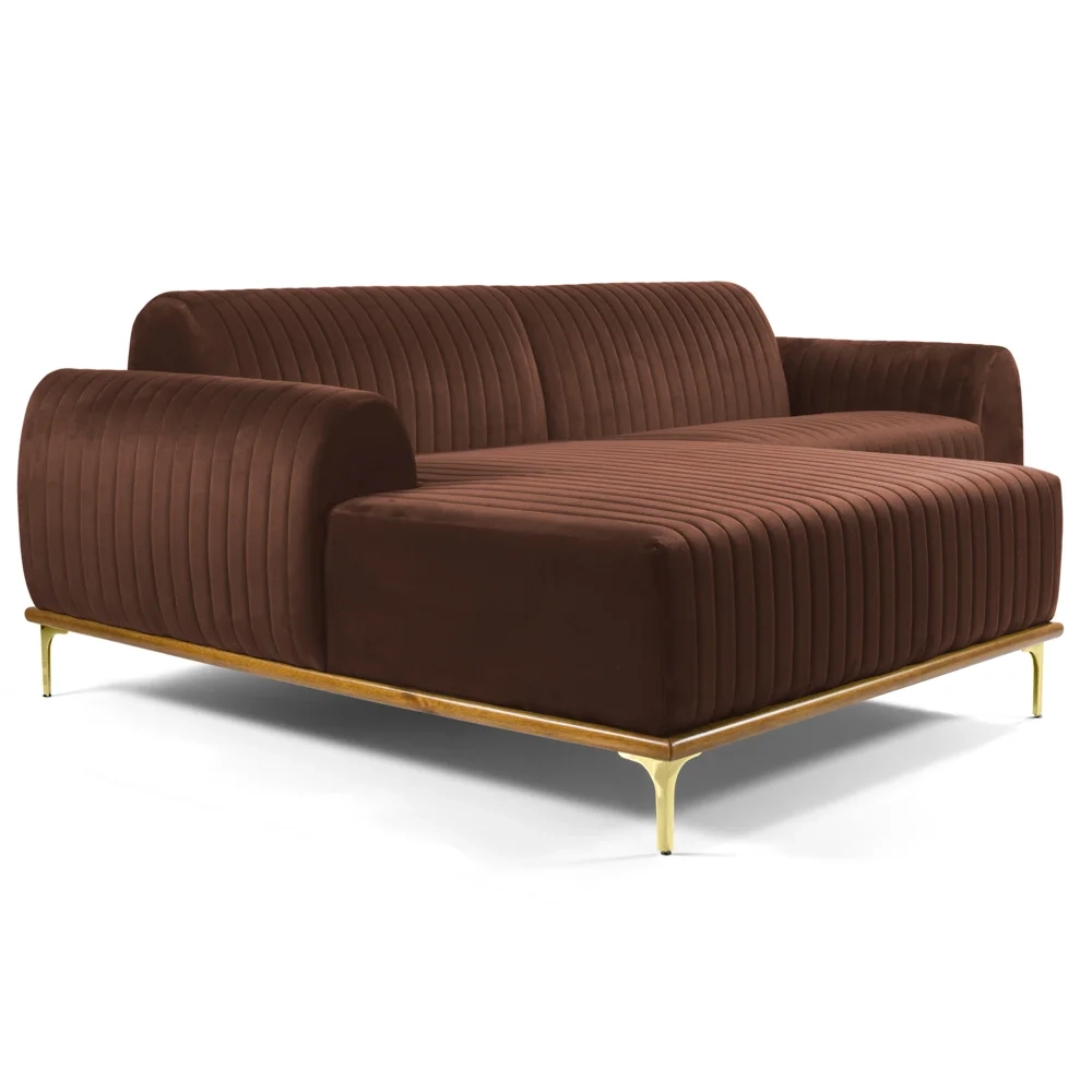 Sofá 230cm 4 Lugares com Chaise Esquerdo Pés Gold Molino C-276 Veludo Terra - Domi