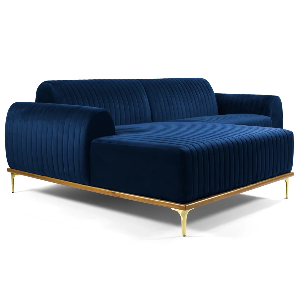 Sofá 230cm 4 Lugares com Chaise Esquerdo Pés Gold Molino C-304 Veludo Azul Marinho - Domi