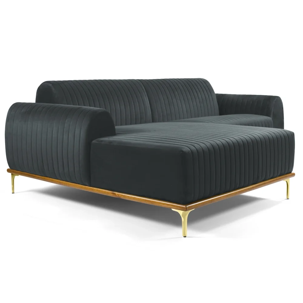 Sofá 230cm 4 Lugares com Chaise Esquerdo Pés Gold Molino C-317 Veludo Cinza - Domi
