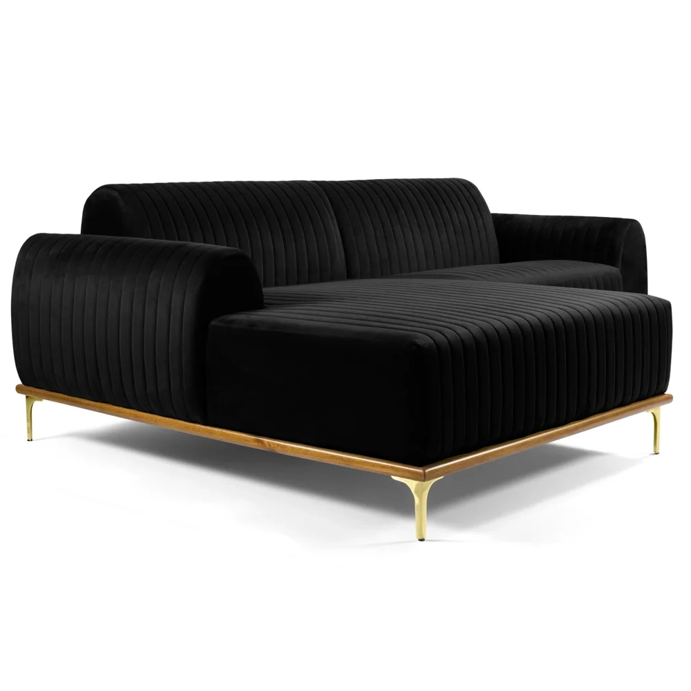 Sofá 255cm 4 Lugares com Chaise Esquerdo Pés Gold Molino C-300 Veludo Preto - Domi