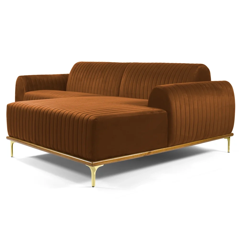 Sofá 320cm 5 Lugares com Chaise Direito Pés Gold Molino C-262 Veludo Telha - Domi