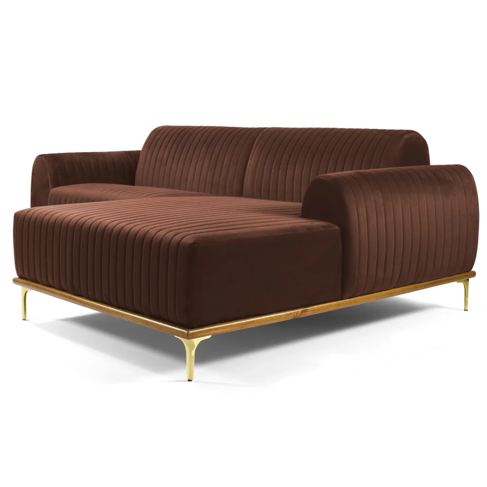 Sofá 320cm 5 Lugares com Chaise Direito Pés Gold Molino C-276 Veludo Terra - Domi