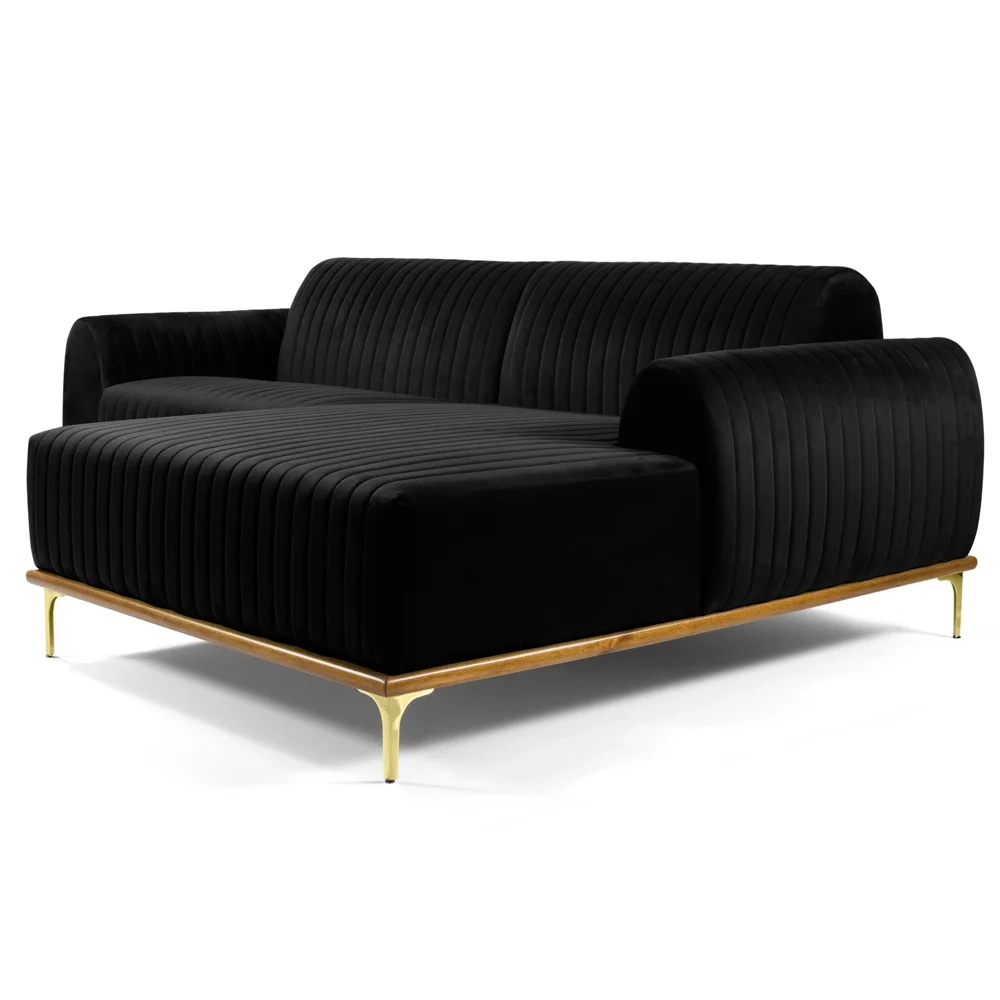 Sofá 320cm 5 Lugares com Chaise Direito Pés Gold Molino C-300 Veludo Preto - Domi
