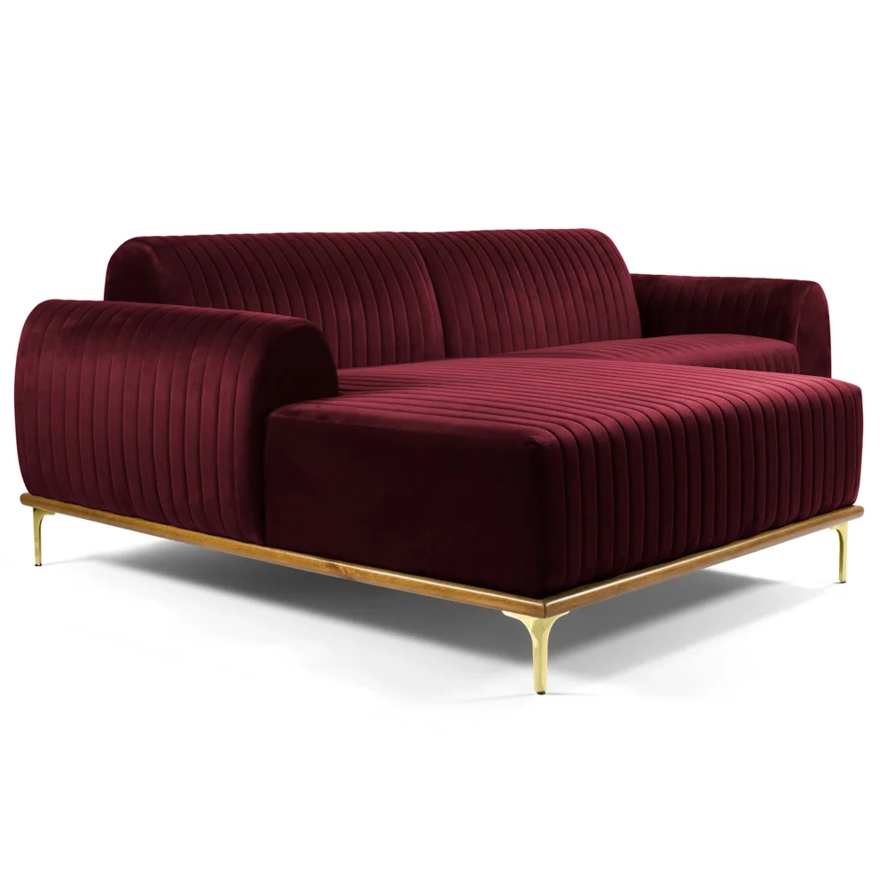 Sofá 350cm 6 Lugares com Chaise Esquerdo Pés Gold Molino C-278 Veludo Marsala - Domi
