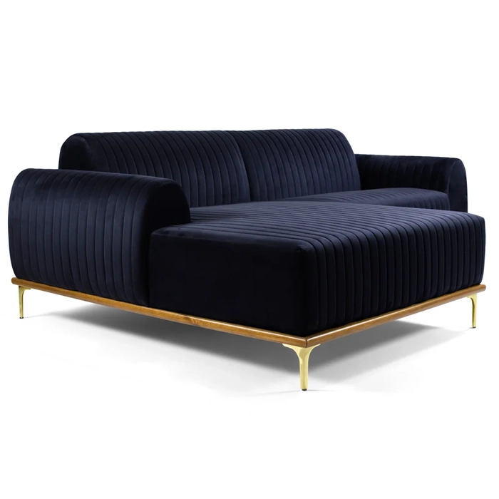 Sofá 350cm 6 Lugares com Chaise Esquerdo Pés Gold Molino C-287 Veludo Marinho - Domi