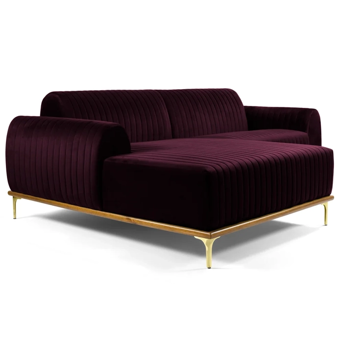 Sofá 350cm 6 Lugares com Chaise Esquerdo Pés Gold Molino C-292 Veludo Uva - Domi