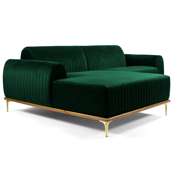 Sofá 350cm 6 Lugares com Chaise Esquerdo Pés Gold Molino C-303 Veludo Verde Musgo - Domi