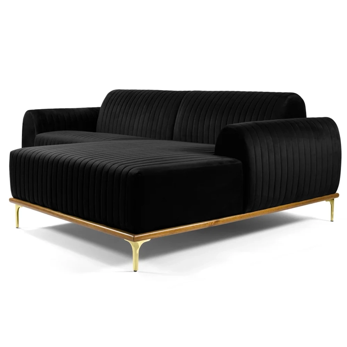 Sofá 350cm 6 Lugares com Chaise Direito Pés Gold Molino C-300 Veludo Preto - Domi