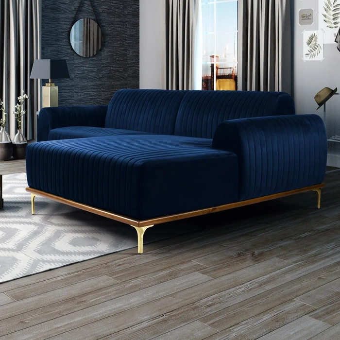 Sofá 350cm 6 Lugares com Chaise Direito Pés Gold Molino C-304 Veludo Azul Marinho - Domi