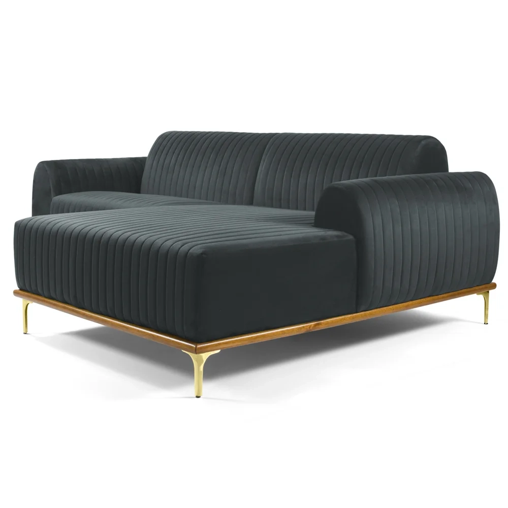 Sofá 350cm 6 Lugares com Chaise Direito Pés Gold Molino C-317 Veludo Cinza - Domi
