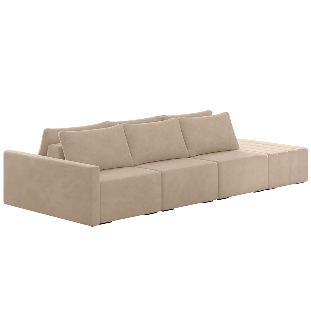 Sofá Ilha Modular com Puff para Sala Living 312cm Georgia Z08 Veludo Bege - Mpozenato