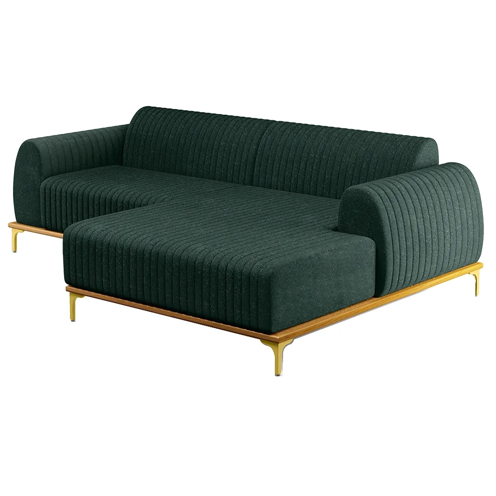 Sofá 230cm 4 Lugares com Chaise Direito Pés Gold Molino C-117 Linho Verde - Domi