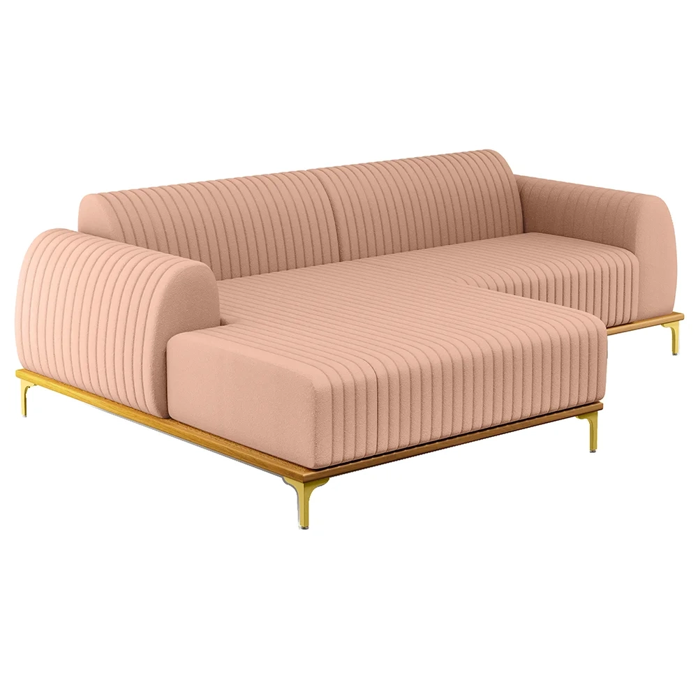 Sofá 245cm 4 Lugares com Chaise Esquerdo Pés Gold Molino C-105 Linho Rosê - Domi