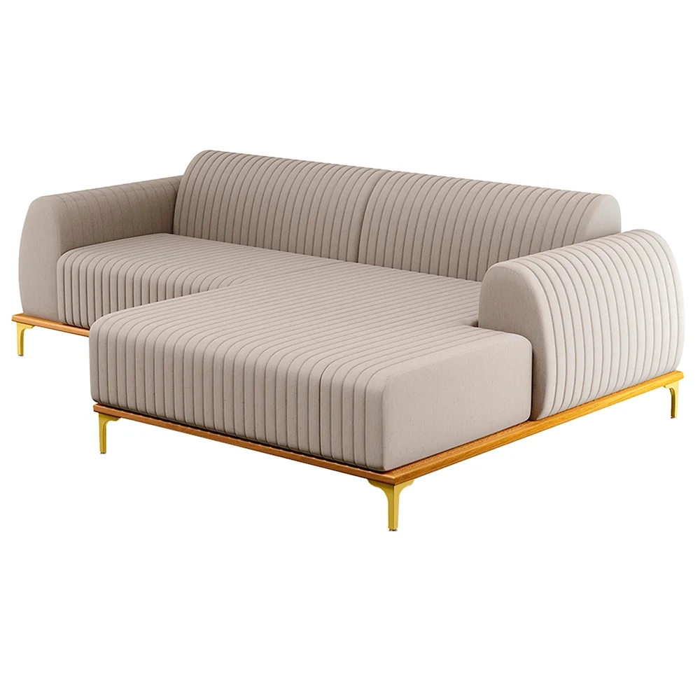 Sofá 265cm 4 Lugares com Chaise Direito Pés Gold Molino C-107 Linho Bege - Domi
