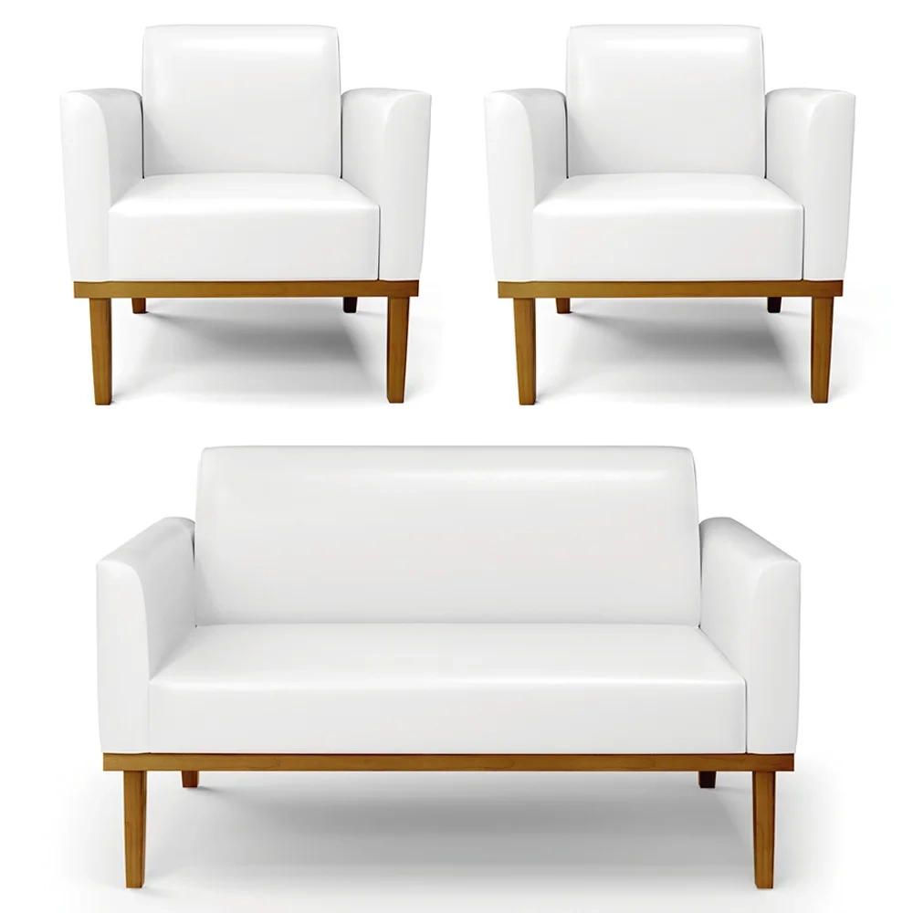 Sofá Namoradeira e 2 Poltronas Base Madeira Castanho Maressa Sintético PU Branco - Ibiza