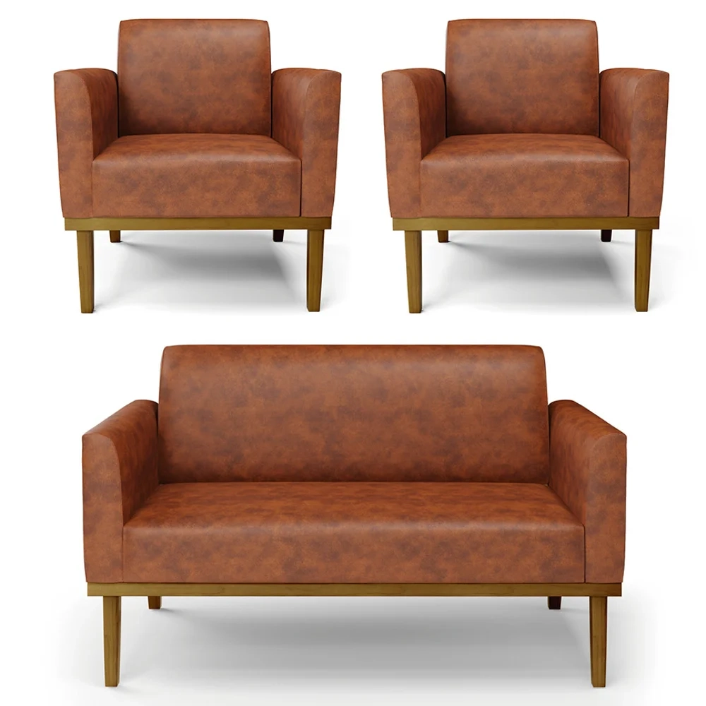 Sofá Namoradeira e 2 Poltronas Base Madeira Castanho Maressa Sintético PU Nozes - Ibiza