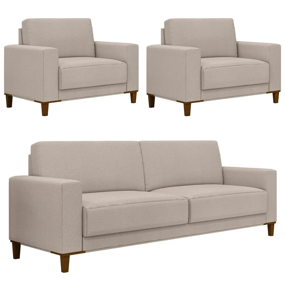 Sofá 3 Lugares 214cm Com 02 Poltronas Zaire Z32 Linho Areia    - Mpozenato