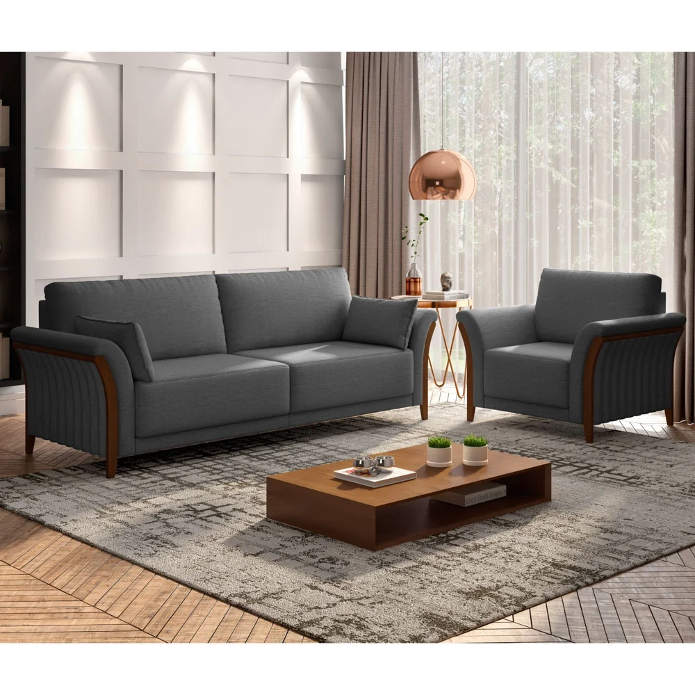 Kit Sofá Living 3 Lugares e Poltrona 102cm Pés Madeira Roya Z32 Linho Cinza Escuro - Mpozenato