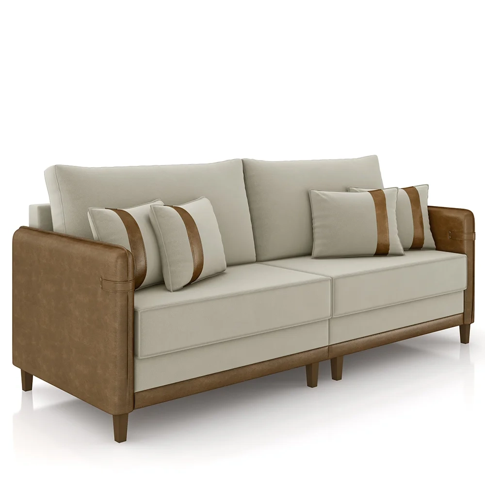 Sofá 3 Lugares Living 192cm Zoe Z08 Veludo Bege/Marrom - Mpozenato