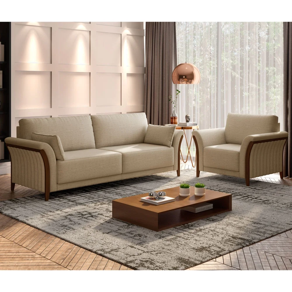 Kit Sofá Living 3 Lugares e Poltrona 102cm Pés Madeira Roya Z32 Linho Bege - Mpozenato