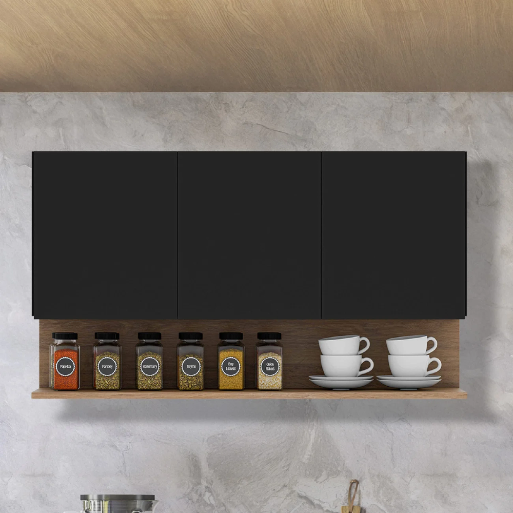 Armário de Cozinha Aéreo 118cm 3 Portas Duda Z34 Preto/Freijó - Mpozenato