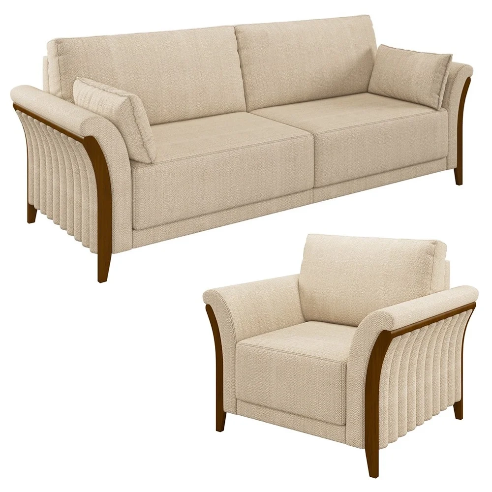 Kit Sofá Living 3 Lugares e Poltrona 102cm Pés Madeira Roya Z32 Linho Champanhe - Mpozenato