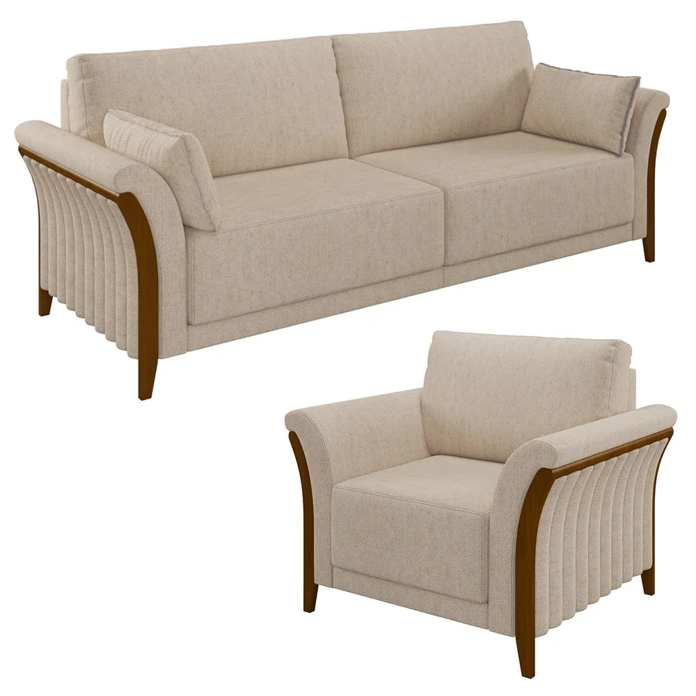 Kit Sofá Living 3 Lugares e Poltrona 102cm Pés Madeira Roya Z32 Linho Cru - Mpozenato