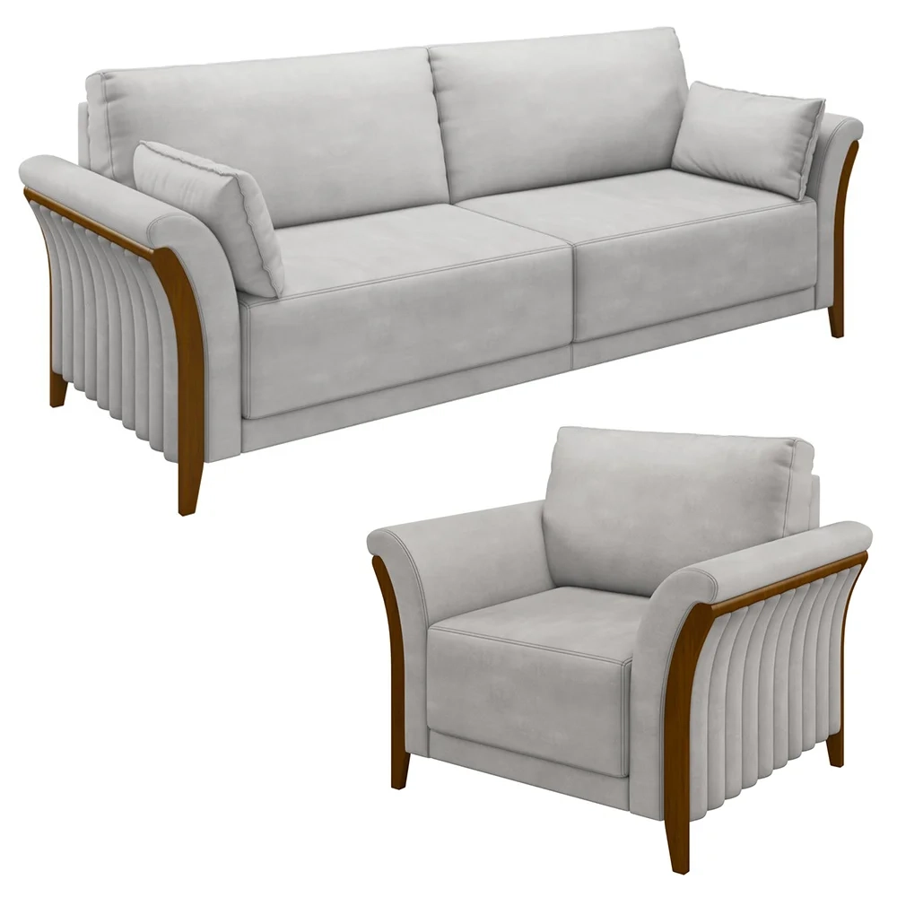 Kit Sofá Living 3 Lugares e Poltrona 102cm Pés Madeira Roya Z32 Veludo Cinza - Mpozenato