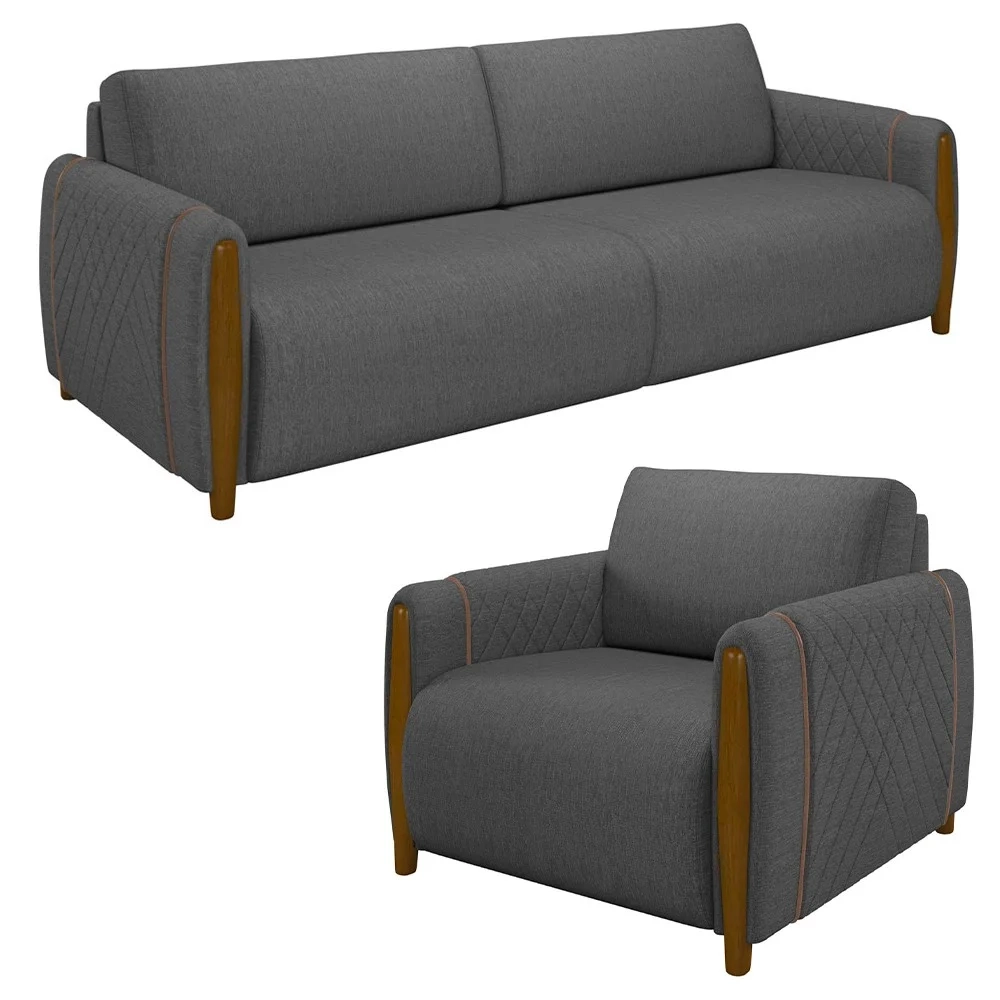 Conjunto Sofá 3 Lugares 223cm e Poltrona 98cm Amaranto Z32 Linho Cinza Escuro - Mpozenato