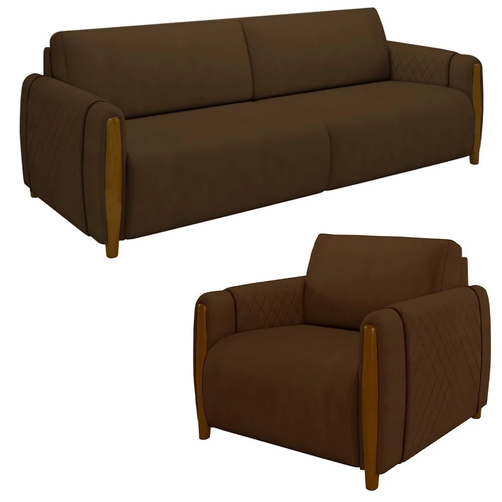 Conjunto Sofá 3 Lugares 223cm e Poltrona 98cm Amaranto Z32 Veludo Marrom - Mpozenato