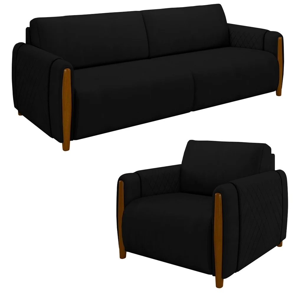 Conjunto Sofá 3 Lugares 223cm e Poltrona 98cm Amaranto Z32 Veludo Preto - Mpozenato
