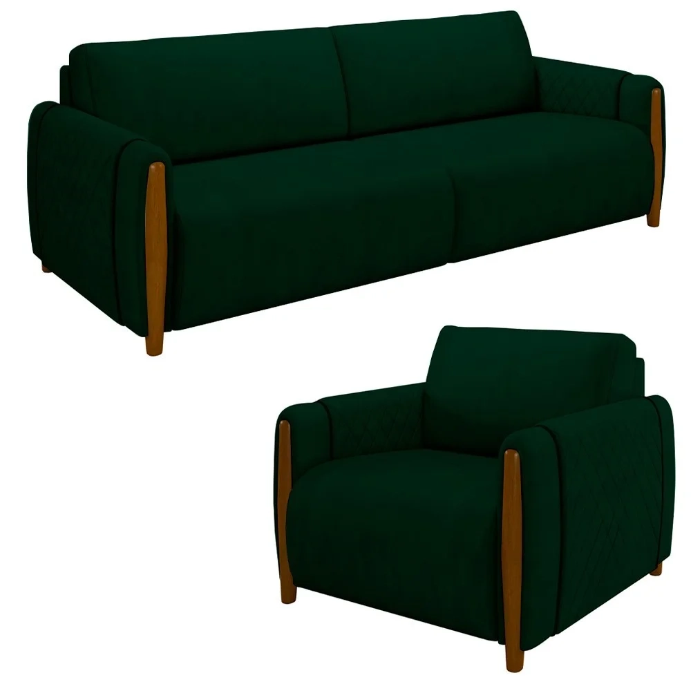 Conjunto Sofá 3 Lugares 223cm e Poltrona 98cm Amaranto Z32 Veludo Verde - Mpozenato
