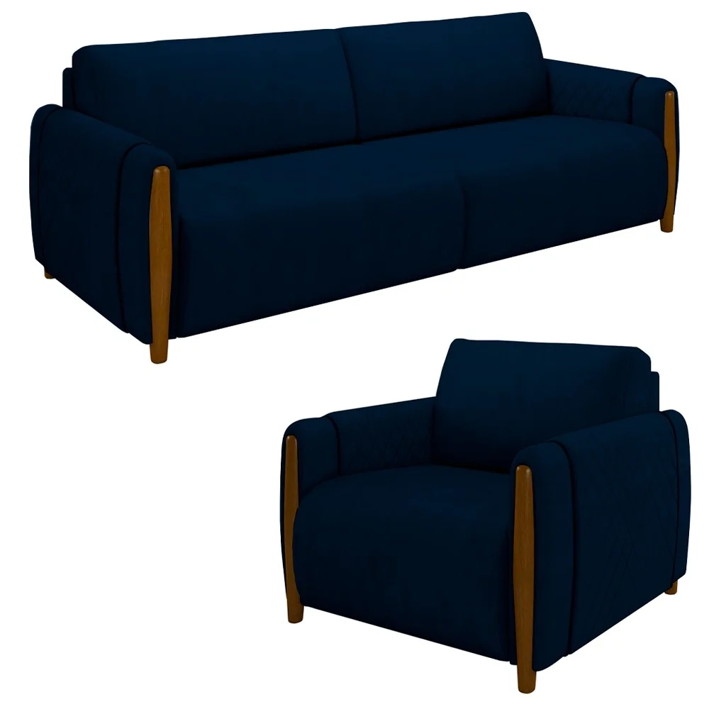 Conjunto Sofá 3 Lugares 223cm e Poltrona 98cm Amaranto Z32 Veludo Azul Marinho - Mpozenato