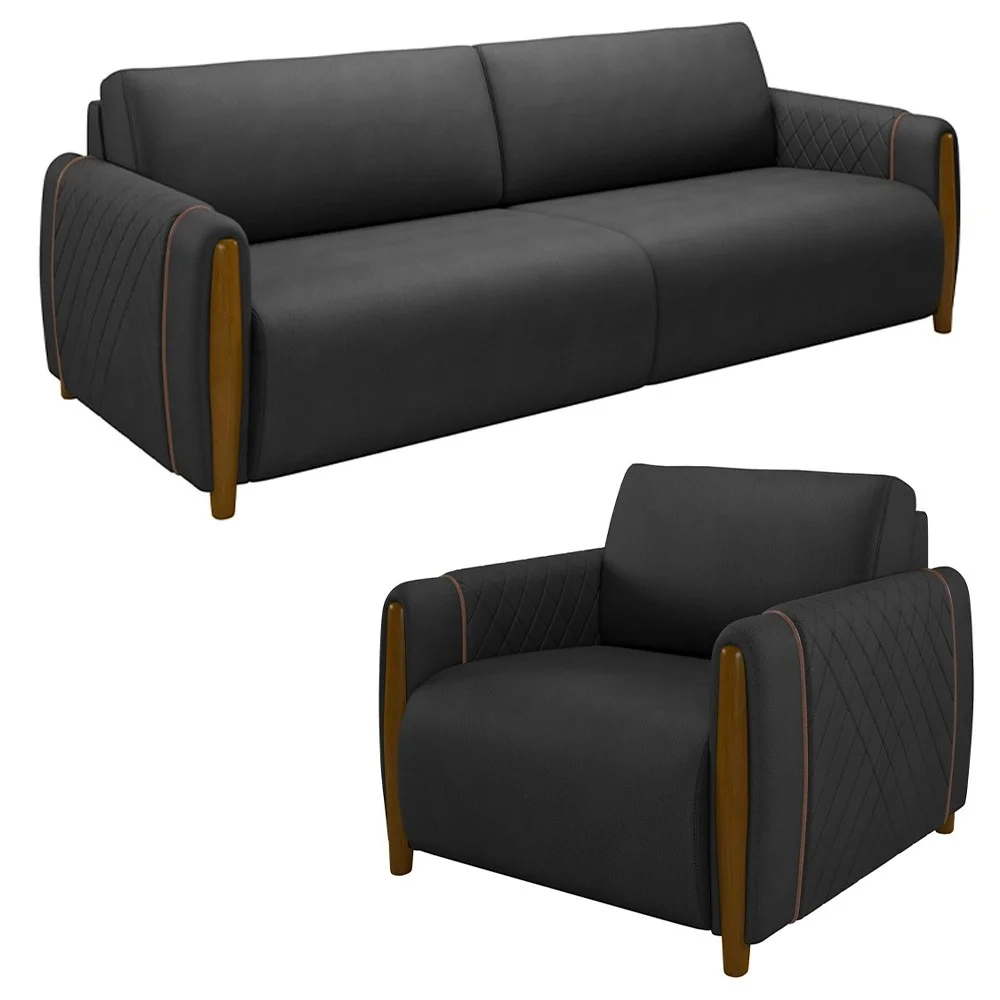 Conjunto Sofá 3 Lugares 223cm e Poltrona 98cm Amaranto Z32 PU Preto - Mpozenato